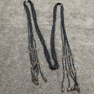 Layered Black Beaded Necklace with Smoke Glass Drops